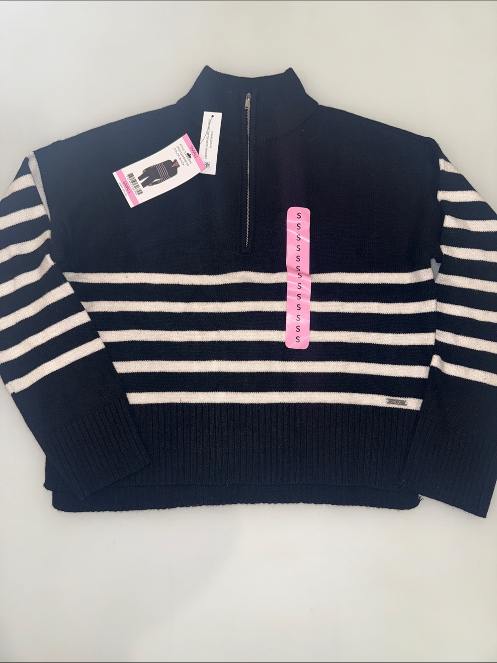 Women’s DKNY  Black & White Striped Half-Zip Sweater - Brand: